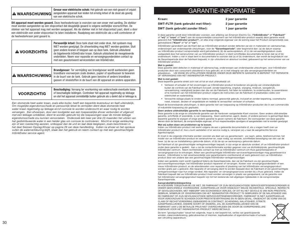 Garantie-informatie | InSinkErator HC3300 User Manual | Page 30 / 80