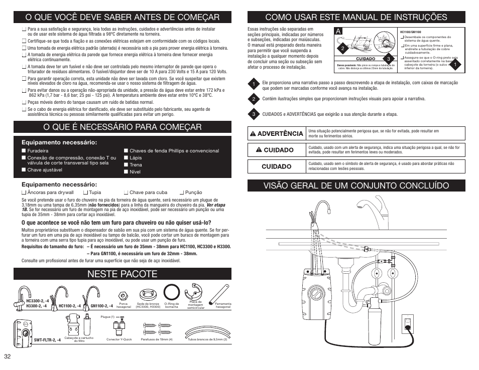 Neste pacote, O que você deve saber antes de começar, O que é necessário para começar | Como usar este manual de instruções, Visão geral de um conjunto concluído | InSinkErator HC3300 User Manual | Page 32 / 80