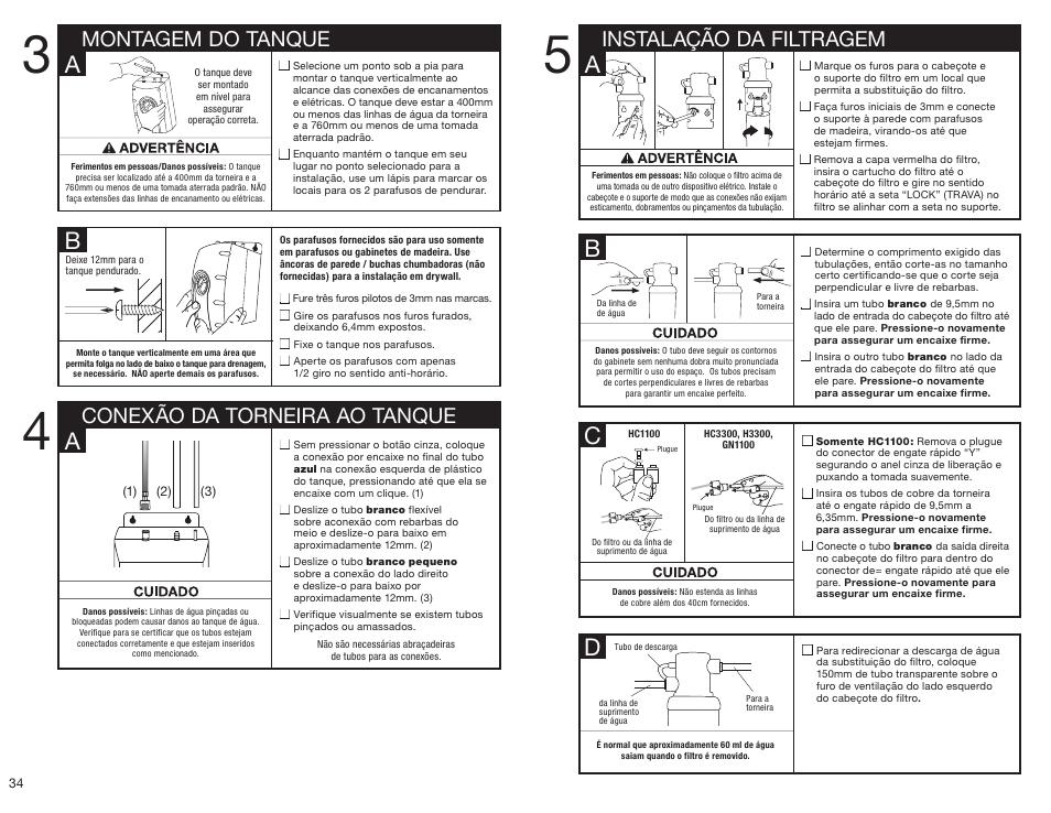 Ba a, Conexão da torneira ao tanque montagem do tanque, Instalação da filtragem | InSinkErator HC3300 User Manual | Page 34 / 80