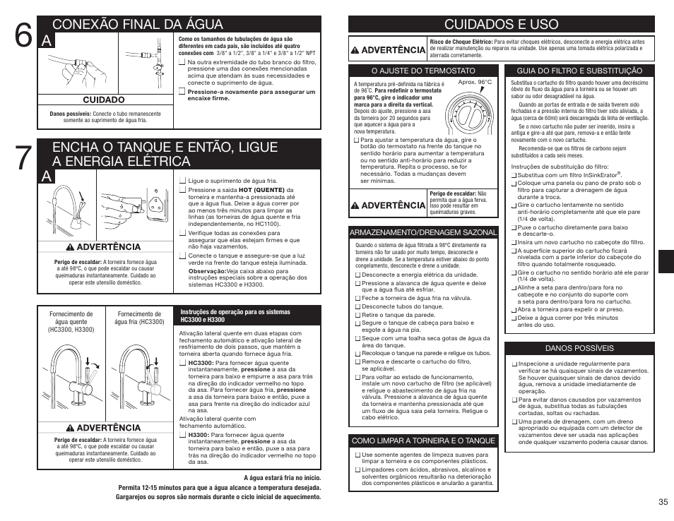 Cuidados e uso | InSinkErator HC3300 User Manual | Page 35 / 80