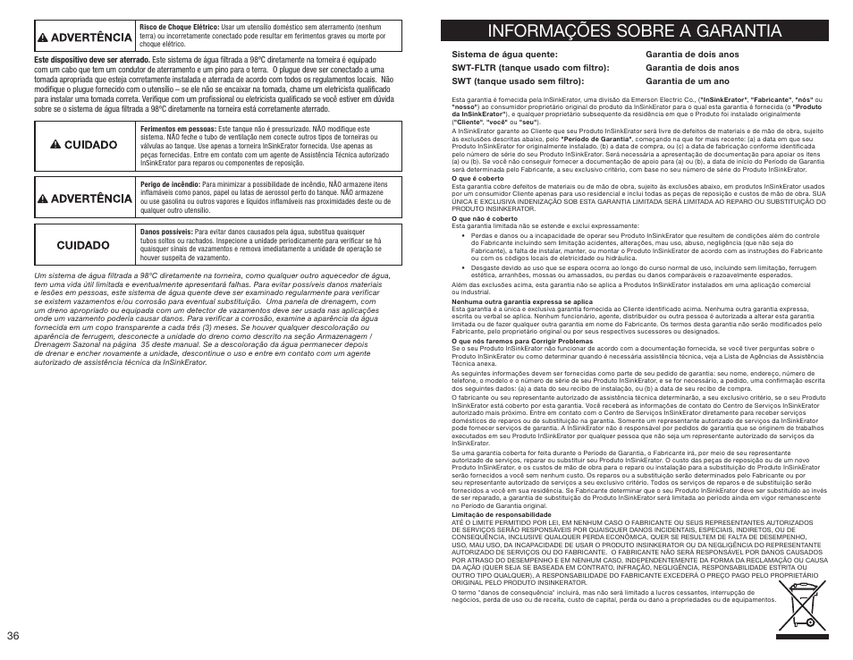 Informações sobre a garantia | InSinkErator HC3300 User Manual | Page 36 / 80