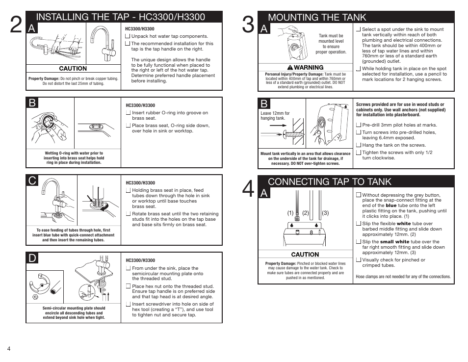 Ba a, Connecting tap to tank mounting the tank | InSinkErator HC3300 User Manual | Page 4 / 80