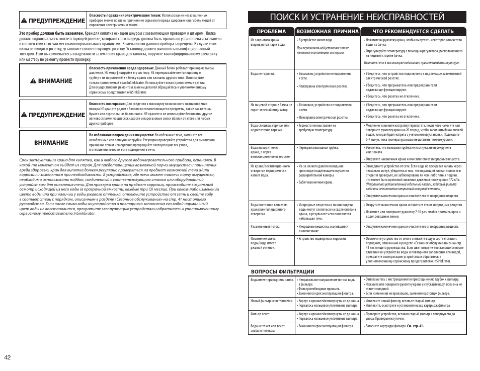 Поиск и устранение неисправностей | InSinkErator HC3300 User Manual | Page 42 / 80