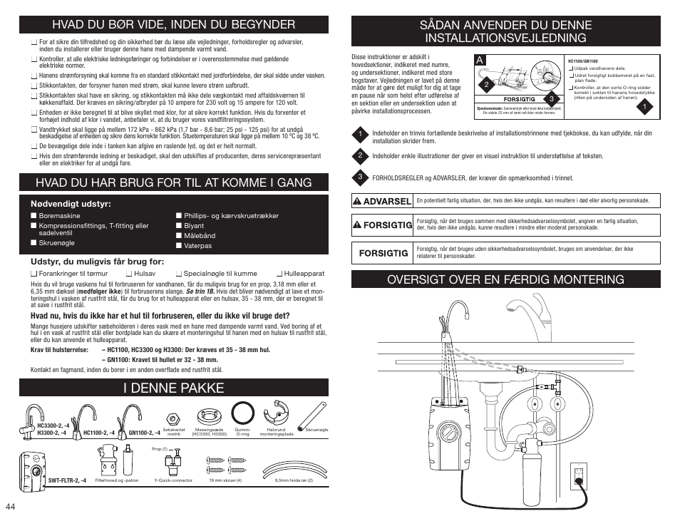 I denne pakke, Hvad du bør vide, inden du begynder, Hvad du har brug for til at komme i gang | Sådan anvender du denne installationsvejledning, Oversigt over en færdig montering | InSinkErator HC3300 User Manual | Page 44 / 80