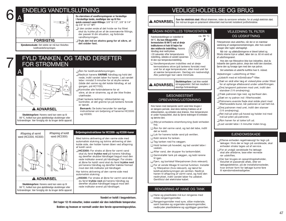 Vedligeholdelse og brug | InSinkErator HC3300 User Manual | Page 47 / 80