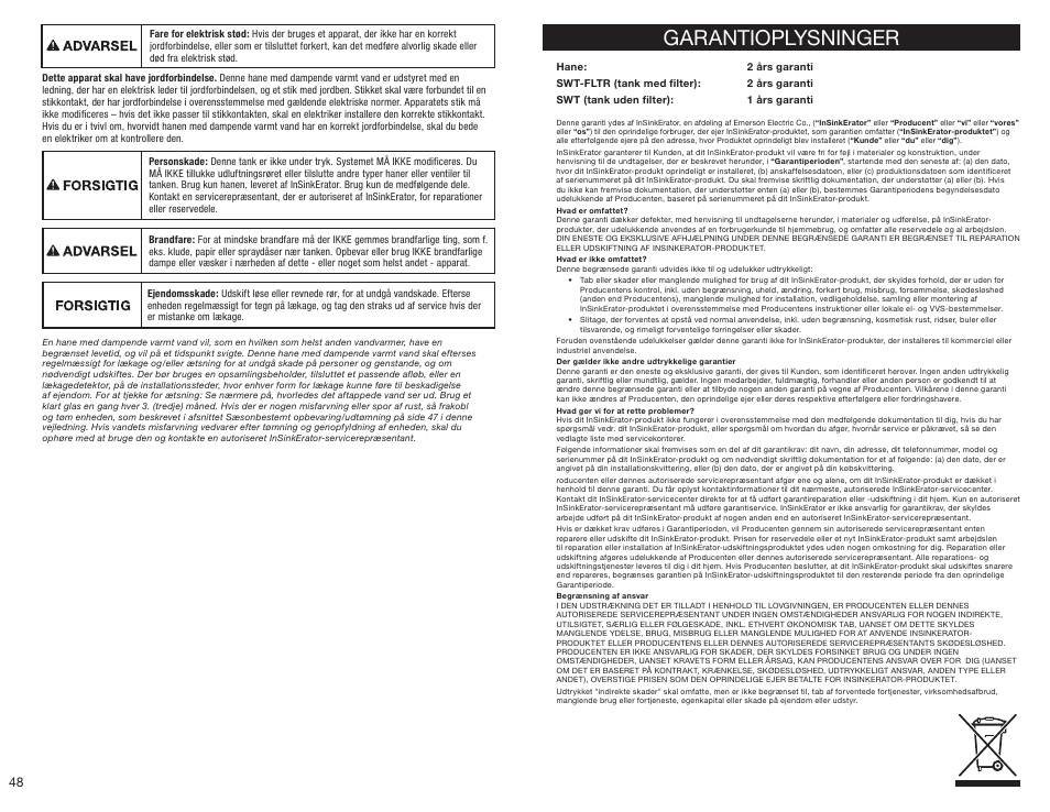 Garantioplysninger | InSinkErator HC3300 User Manual | Page 48 / 80