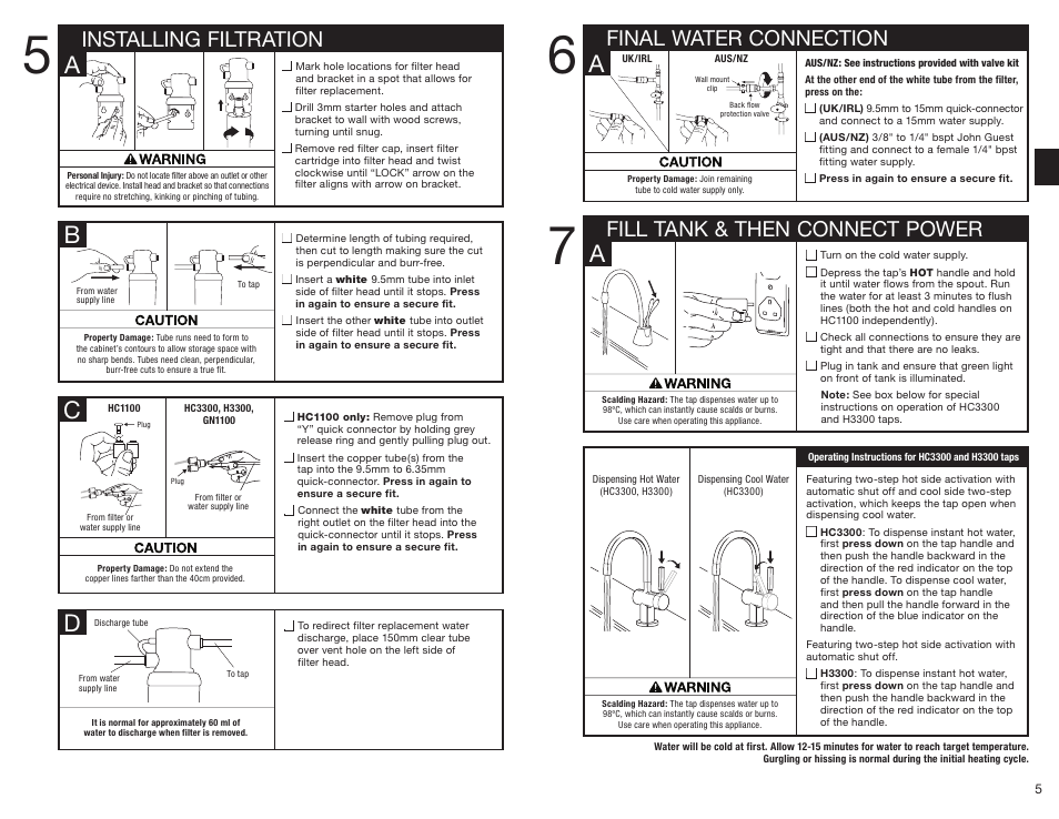 Installing filtration, Fill tank & then connect power, Final water connection | InSinkErator HC3300 User Manual | Page 5 / 80