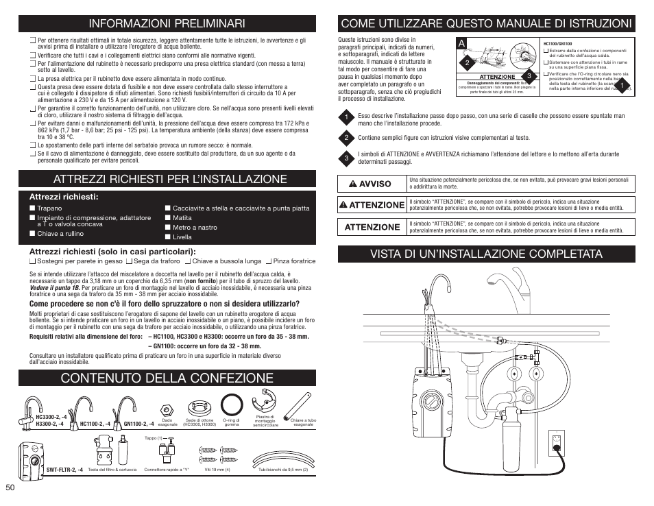 Contenuto della confezione, Informazioni preliminari, Attrezzi richiesti per l’installazione | Come utilizzare questo manuale di istruzioni, Vista di un’installazione completata | InSinkErator HC3300 User Manual | Page 50 / 80