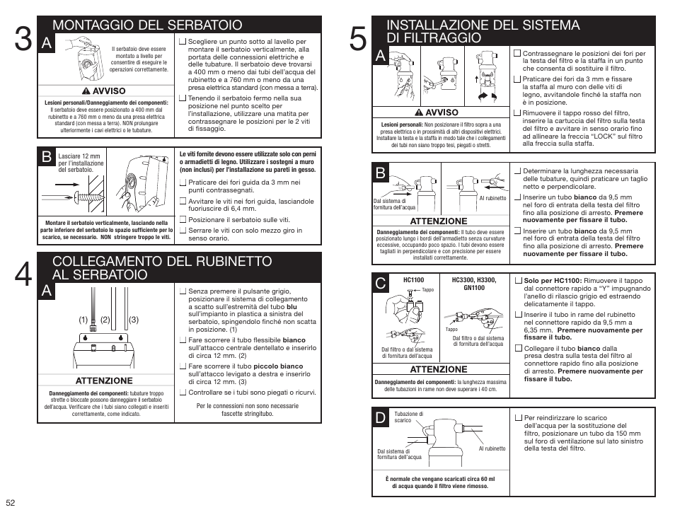 Ba a, Installazione del sistema di filtraggio | InSinkErator HC3300 User Manual | Page 52 / 80