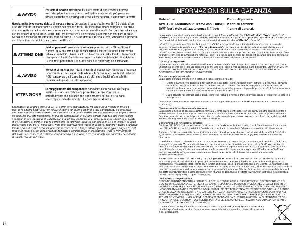 Informazioni sulla garanzia | InSinkErator HC3300 User Manual | Page 54 / 80