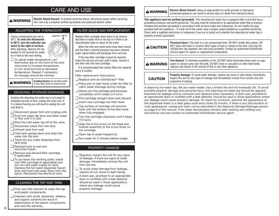 Care and use | InSinkErator HC3300 User Manual | Page 6 / 80