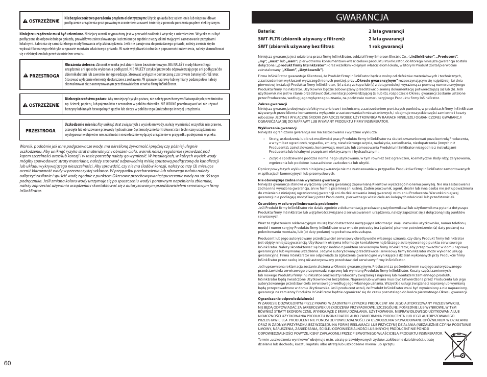 Gwarancja | InSinkErator HC3300 User Manual | Page 60 / 80