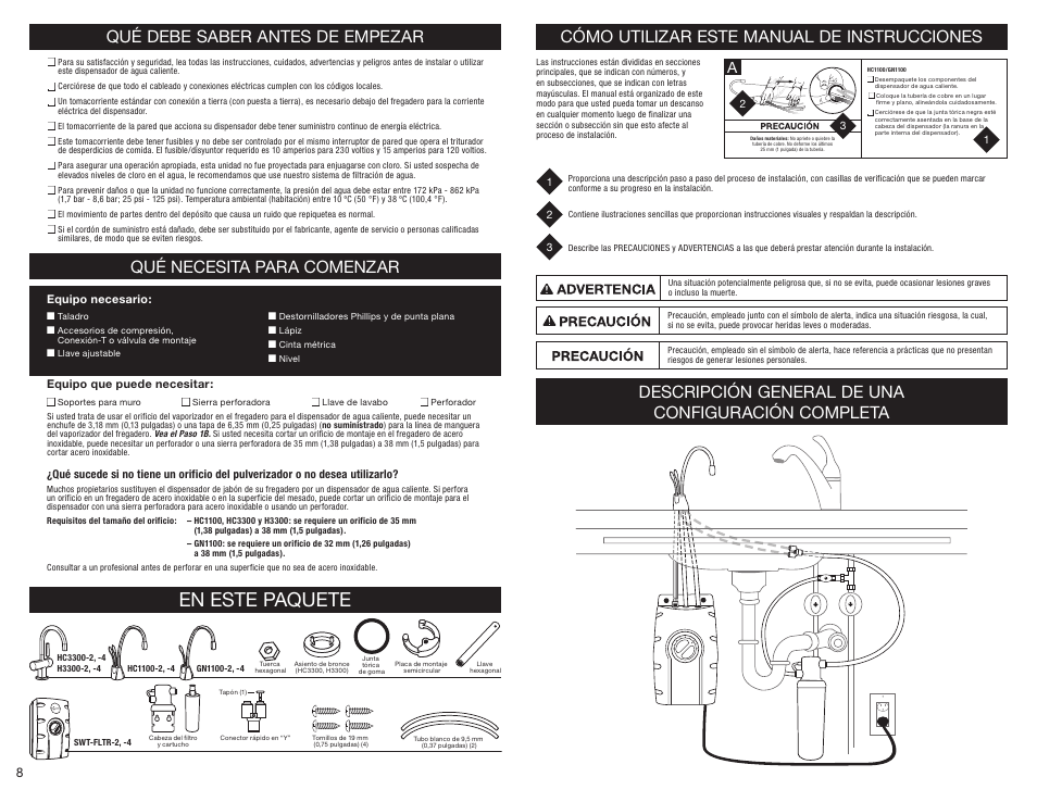 En este paquete, Qué debe saber antes de empezar, Qué necesita para comenzar | Cómo utilizar este manual de instrucciones, Descripción general de una configuración completa | InSinkErator HC3300 User Manual | Page 8 / 80