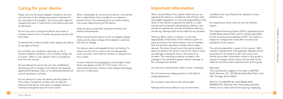 Caring for your device, Important information | Intellinav 1 User Manual | Page 24 / 26