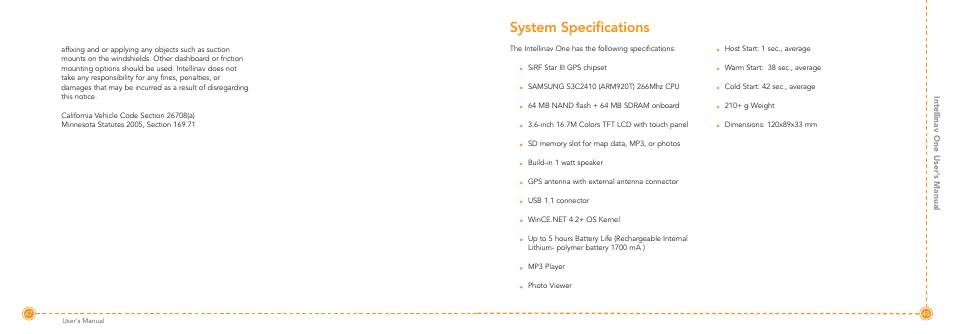 System specifications | Intellinav 1 User Manual | Page 25 / 26