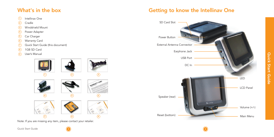 Getting to know the intellinav one, What's in the box, Quick start guide | Intellinav 1 Quick Start User Manual | Page 3 / 8