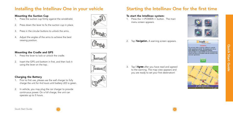 Starting the intellinav one for the first time, Installing the intellinav one in your vehicle, Quick start guide | Intellinav 1 Quick Start User Manual | Page 4 / 8
