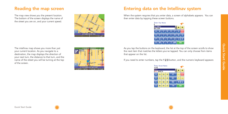 Entering data on the intellinav system, Reading the map screen | Intellinav 1 Quick Start User Manual | Page 5 / 8