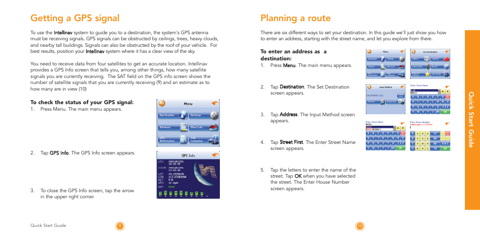 Planning a route, Getting a gps signal, Quick start guide | Intellinav 1 Quick Start User Manual | Page 6 / 8