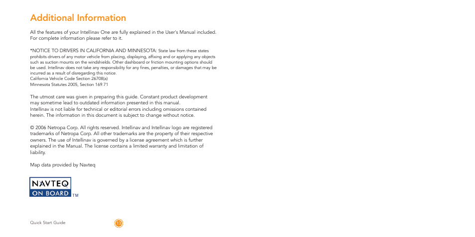 Additional information | Intellinav 1 Quick Start User Manual | Page 8 / 8