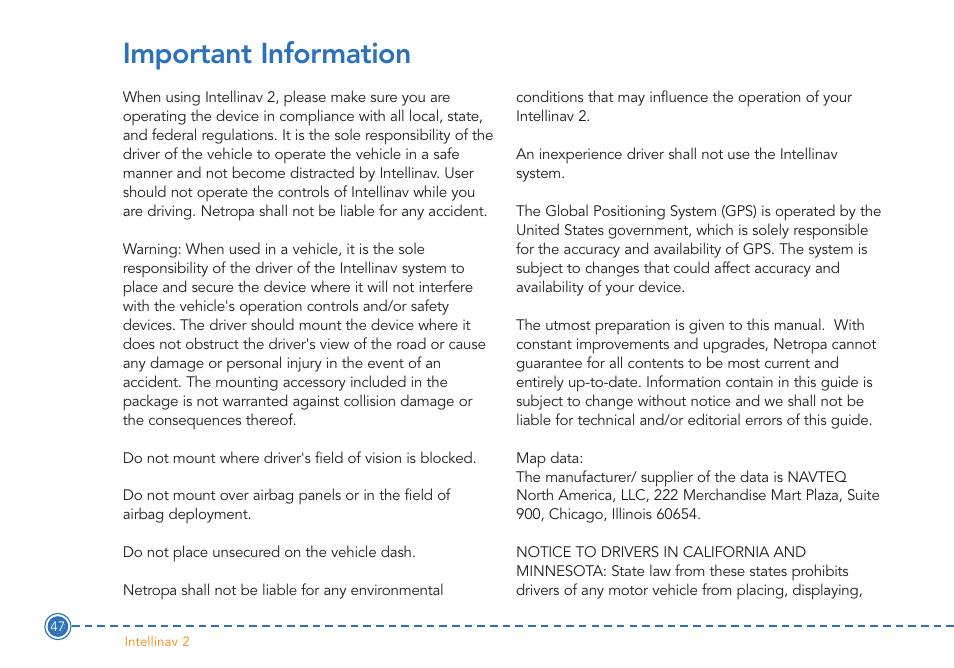 Important information | Intellinav 2 User Manual | Page 49 / 52