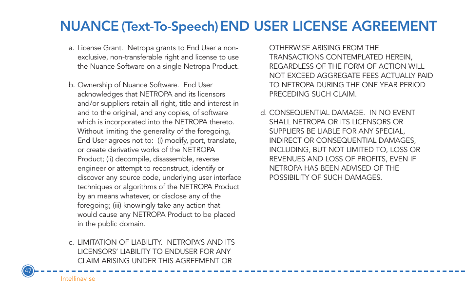 Nuance, End user license agreement, Text-to-speech) | Intellinav SE User Manual | Page 49 / 60