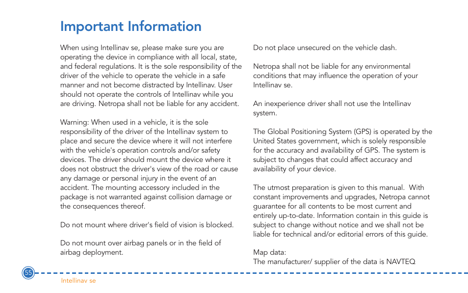 Important information | Intellinav SE User Manual | Page 57 / 60