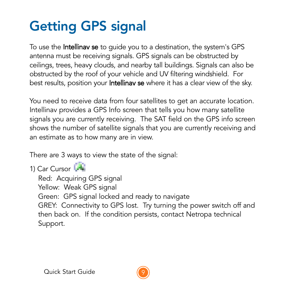 Getting gps signal | Intellinav SE Quick Start User Manual | Page 11 / 26
