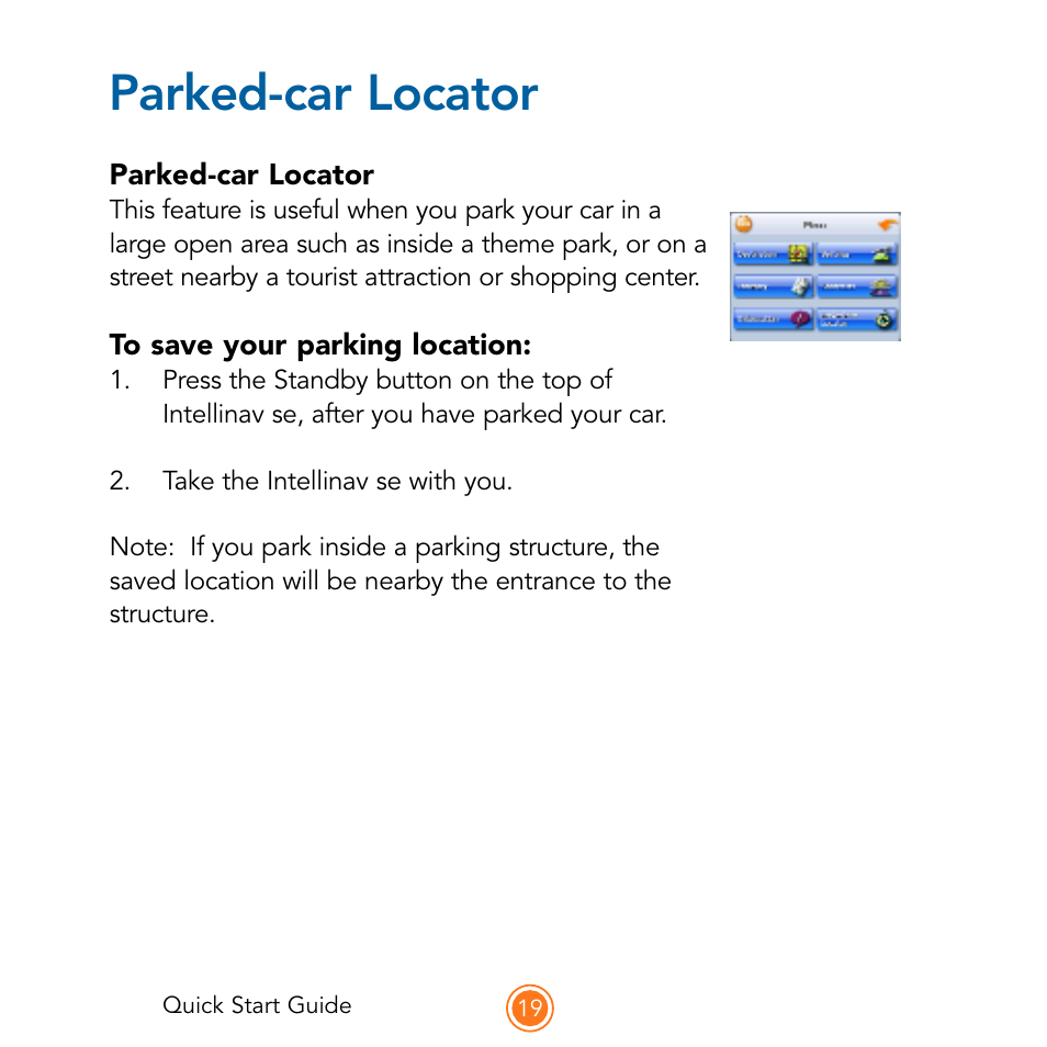 Parked-car locator | Intellinav SE Quick Start User Manual | Page 21 / 26