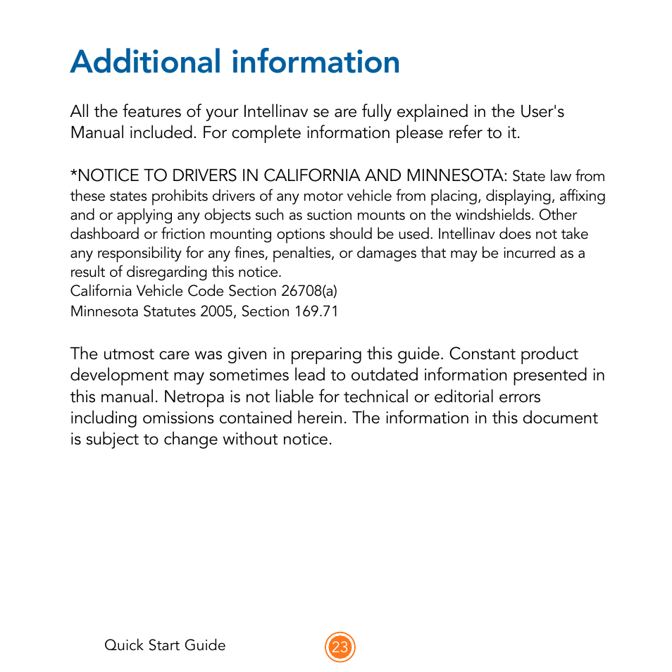 Additional information | Intellinav SE Quick Start User Manual | Page 25 / 26