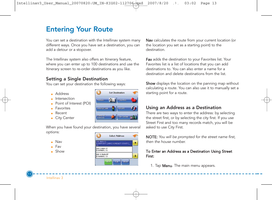 Entering your route | Intellinav 3 User Manual | Page 12 / 60