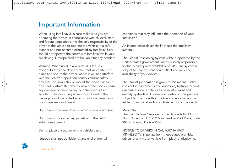 Important information | Intellinav 3 User Manual | Page 56 / 60