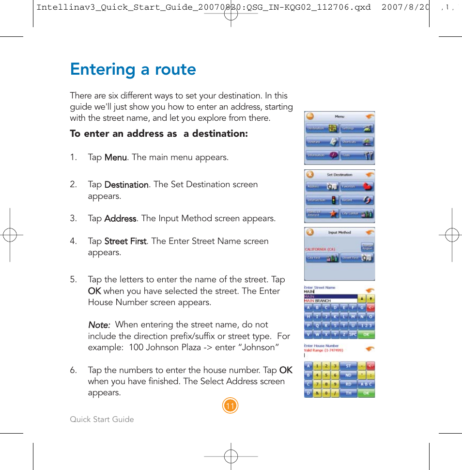 Entering a route | Intellinav 3 Quick Start User Manual | Page 12 / 24