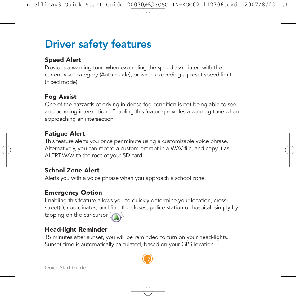 Driver safety features | Intellinav 3 Quick Start User Manual | Page 18 / 24