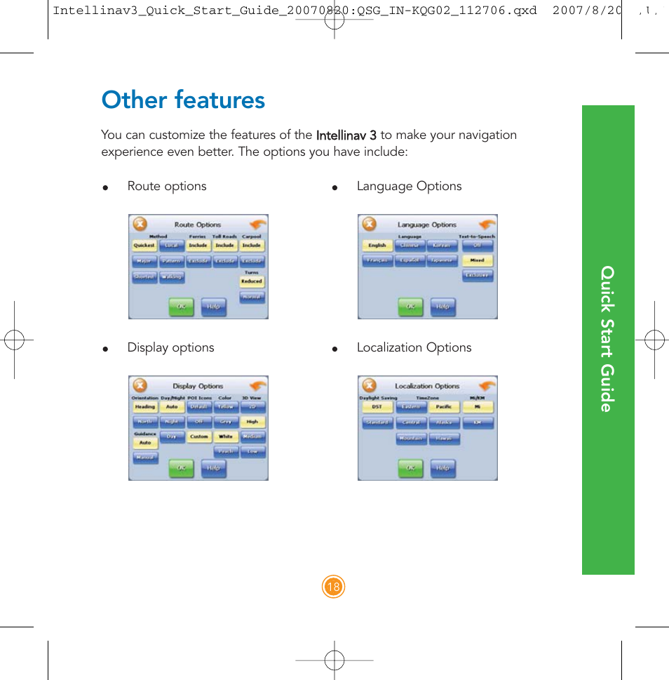 Other features, Quick start guide | Intellinav 3 Quick Start User Manual | Page 19 / 24