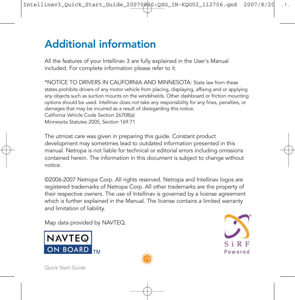 Additional information | Intellinav 3 Quick Start User Manual | Page 20 / 24