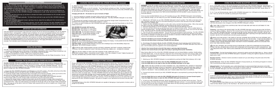 Quick-start instructions, Important battery information, Installing batteries | Charging the bladerunner heli sphere helicopter, Choosing a flying location, Flying the heli sphere helicopter, Flying the heli sphere helicopter: -continued, Flying tips, Replacing damaged rotor blades | Interactive Toy Concepts Heli Sphere User Manual | Page 2 / 2