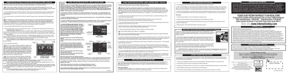 Proof of purchase, Replacing damaged rotor blades, Replacing the balance-bar-to-upper-rotor connector | Flying the neptune helicopter - smart control mode, Storing the neptune helicopter | Interactive Toy Concepts Neptune User Manual | Page 2 / 2