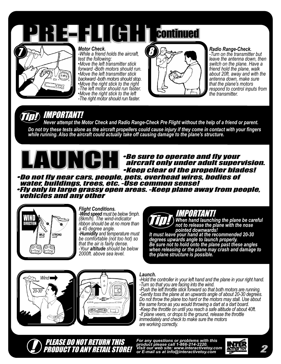 Launch, Pre-flight, Continued | Important | Interactive Toy Concepts B2 Spirit User Manual | Page 2 / 4