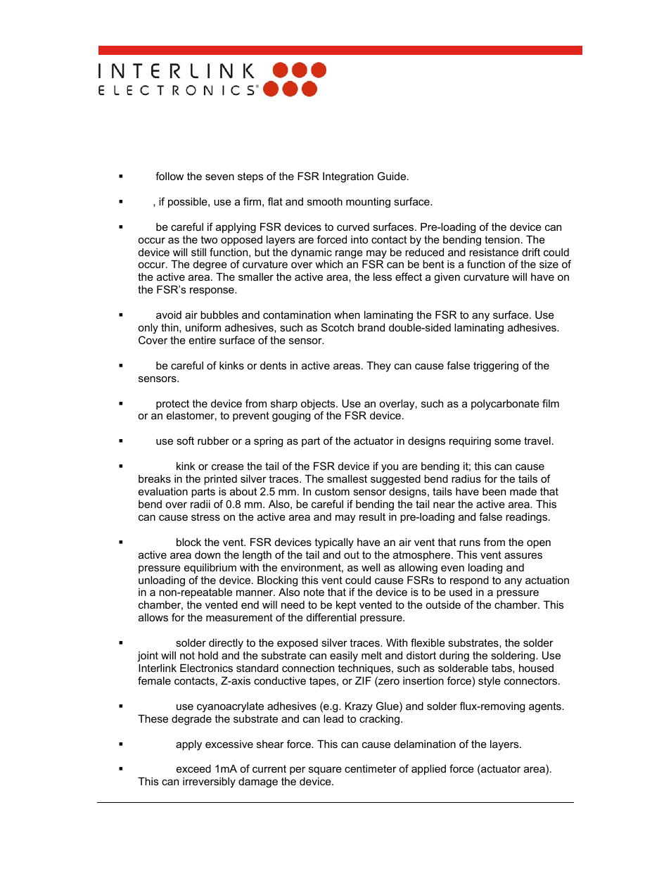 0 fsr usage: the do’s and don’ts | Interlink Electronics FSR 400 Series User Manual | Page 34 / 37