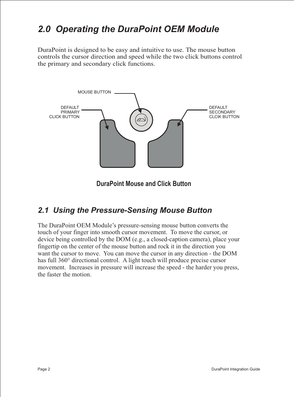 0 operating the durapoint oem module, 1 using the pressure-sensing mouse button, Durapoint mouse and click button | Interlink Electronics DuraPoint User Manual | Page 6 / 35