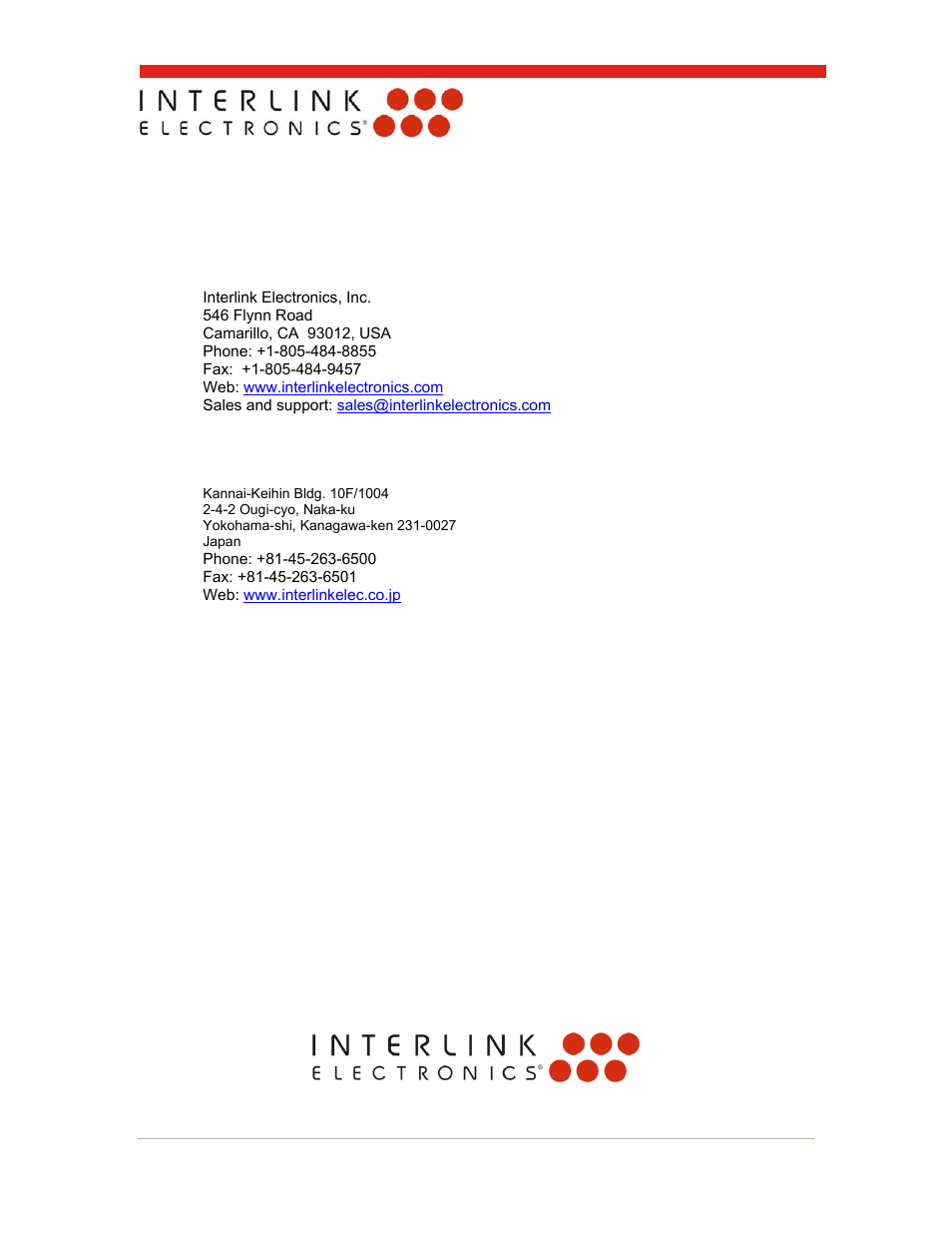 0 contact interlink electronics | Interlink Electronics FSLP Sensor User Manual | Page 15 / 15
