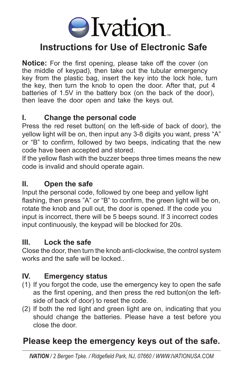 IVATION BRI20EA5-1 Digital Safe Box User Manual | 1 page