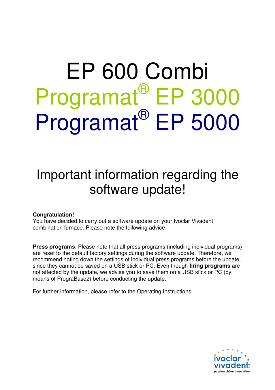 Ivoclar Vivadent Programat User Manual | 1 page
