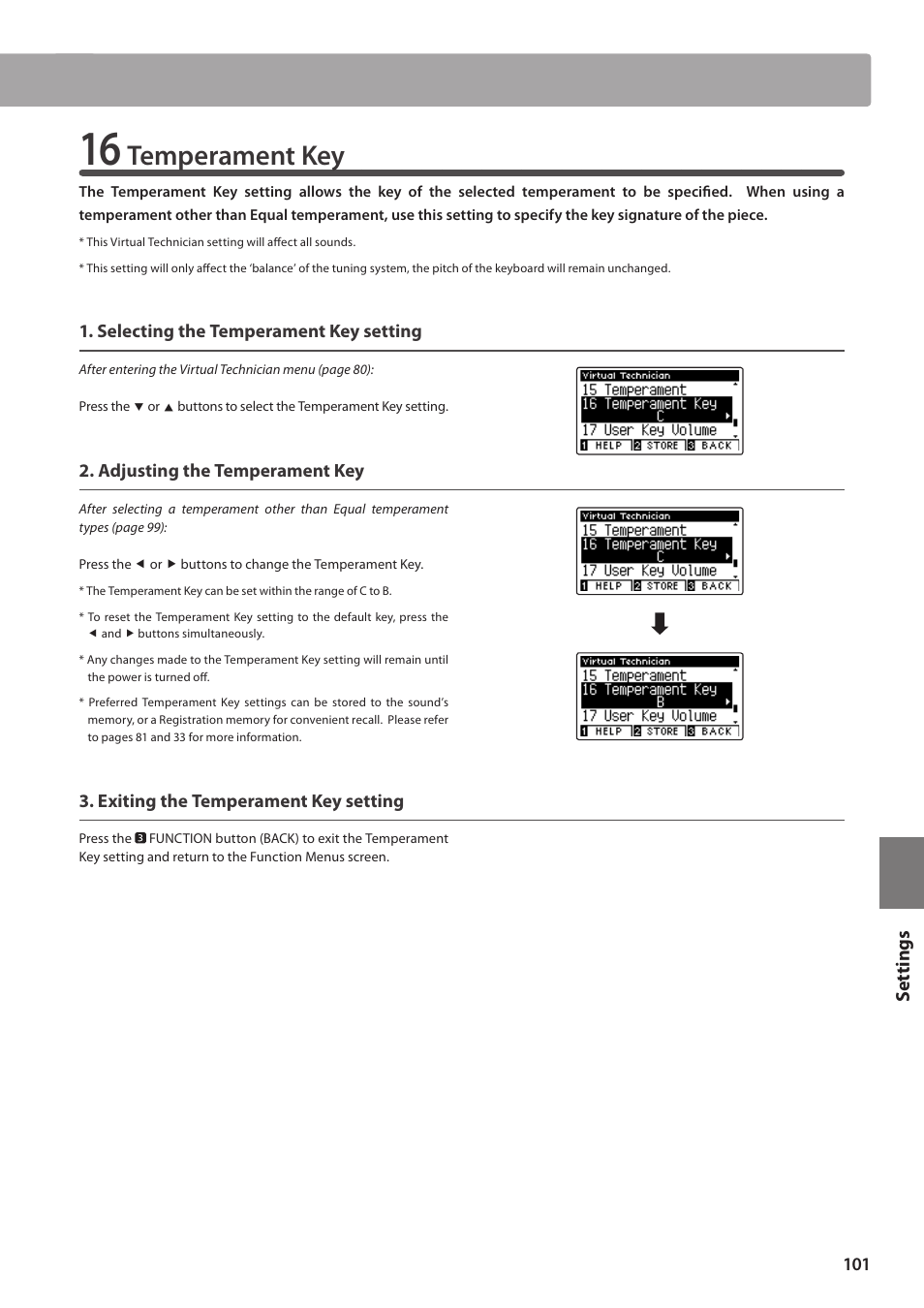 Temperament key, Set tings | Kawai CA97 User Manual | Page 101 / 152