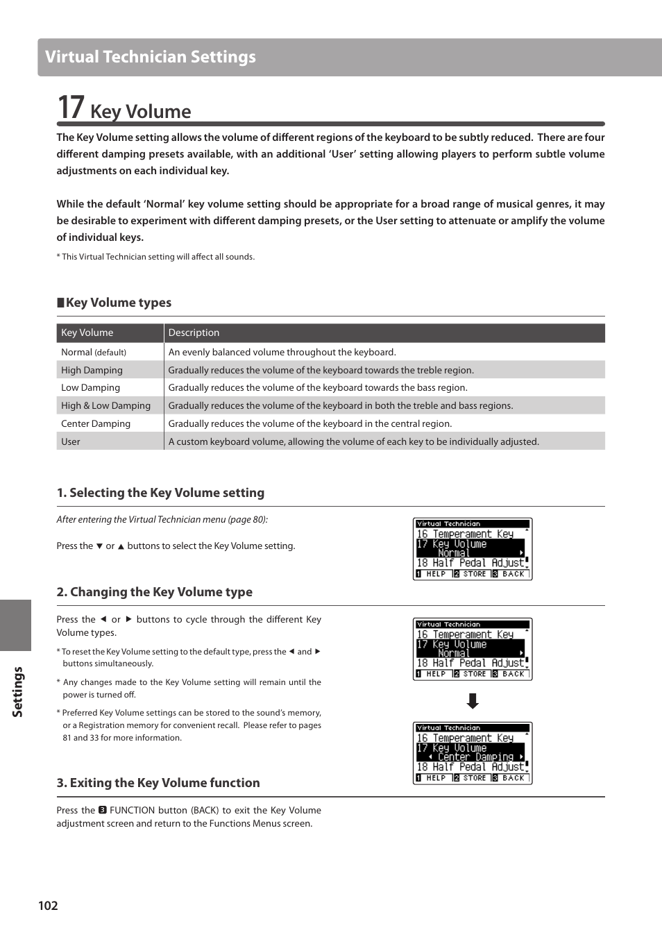 Key volume, Virtual technician settings, Set tings | Kawai CA97 User Manual | Page 102 / 152