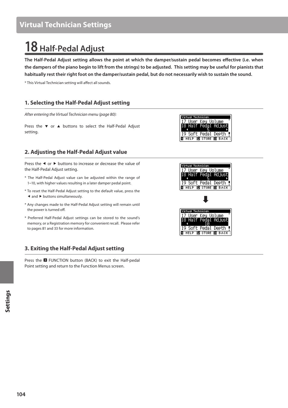 Half-pedal adjust, Virtual technician settings, Set tings | Kawai CA97 User Manual | Page 104 / 152