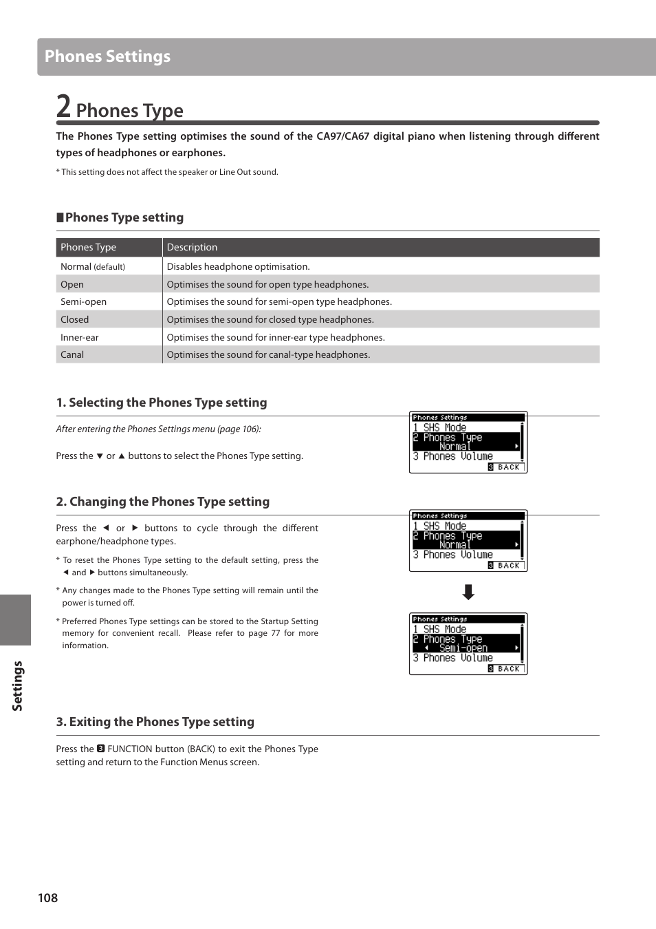 Phones type, Phones settings, Set tings | Kawai CA97 User Manual | Page 108 / 152