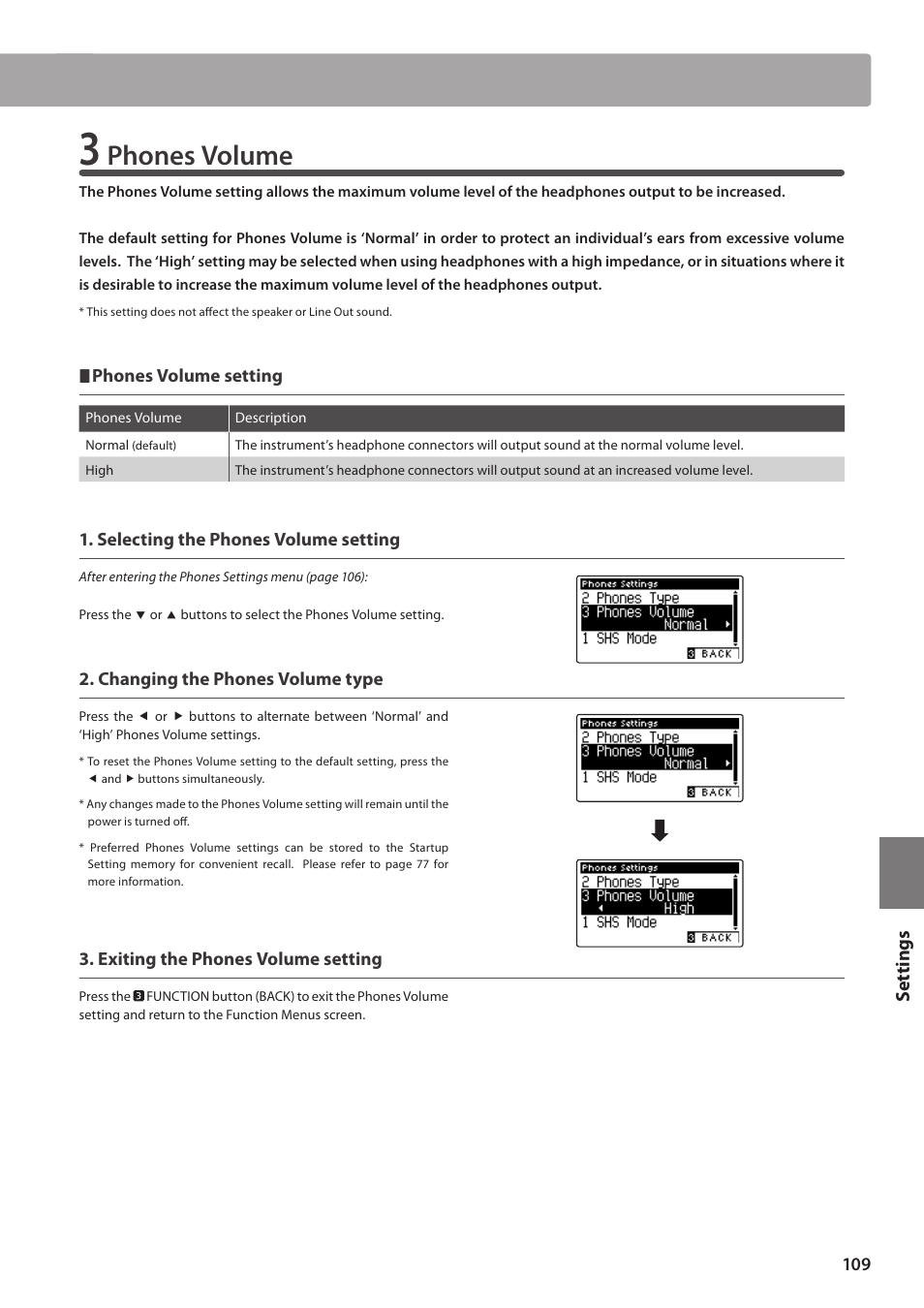 Phones volume, Set tings | Kawai CA97 User Manual | Page 109 / 152