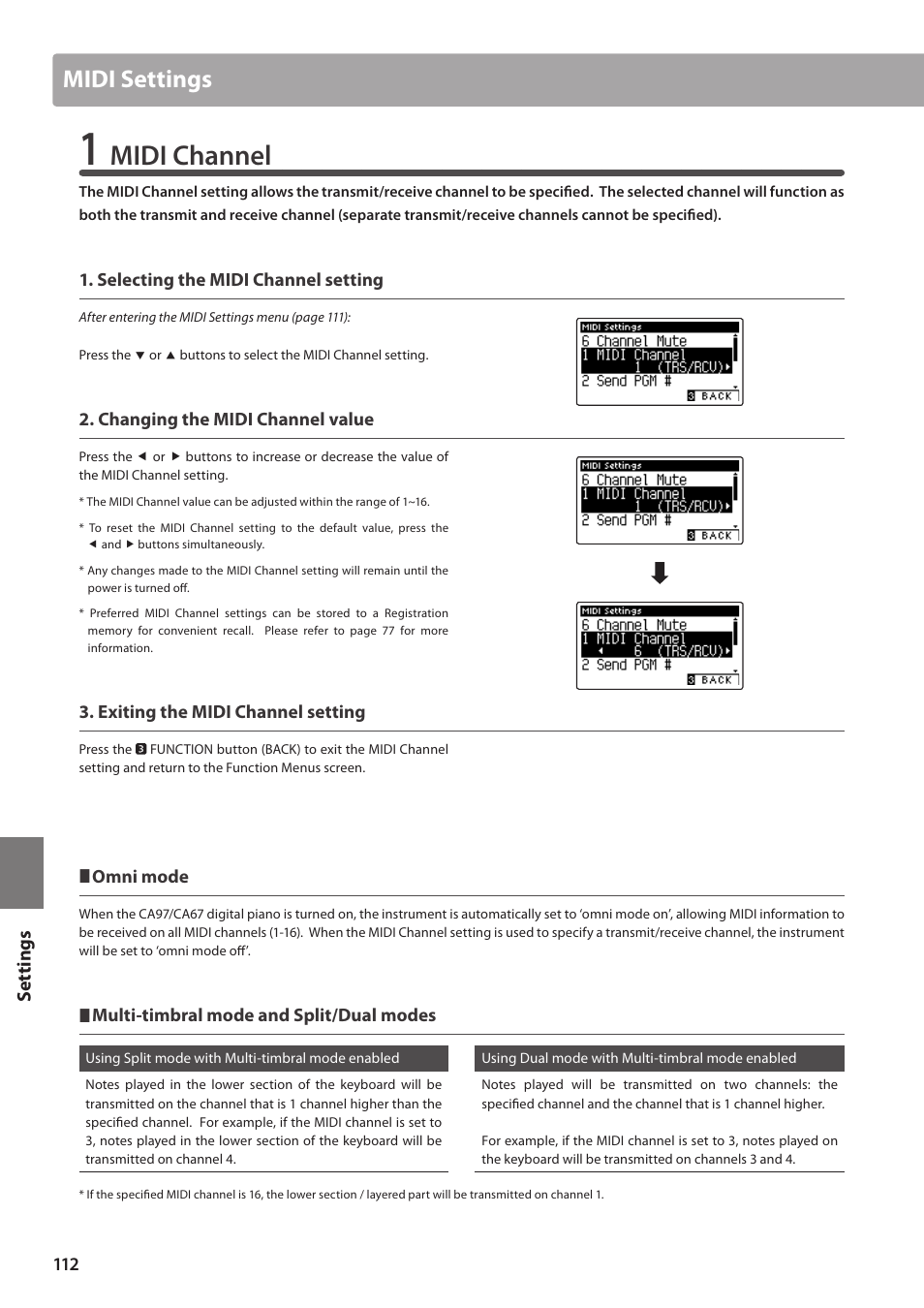 Midi channel, Midi settings, Set tings | Kawai CA97 User Manual | Page 112 / 152